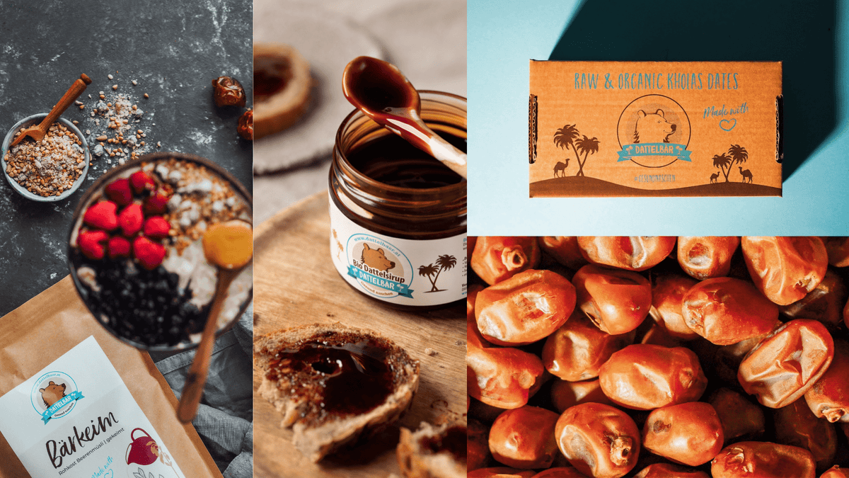 Eine Collage, die Müsli mit Beeren, ein Glas Dattelsirup als Brotaufstrich, eine Schachtel mit der Aufschrift Raw & Organic Wonders Dates und eine Nahaufnahme ganzer Datteln zeigt. Das Branding zeigt ein Kamel und Palmen.