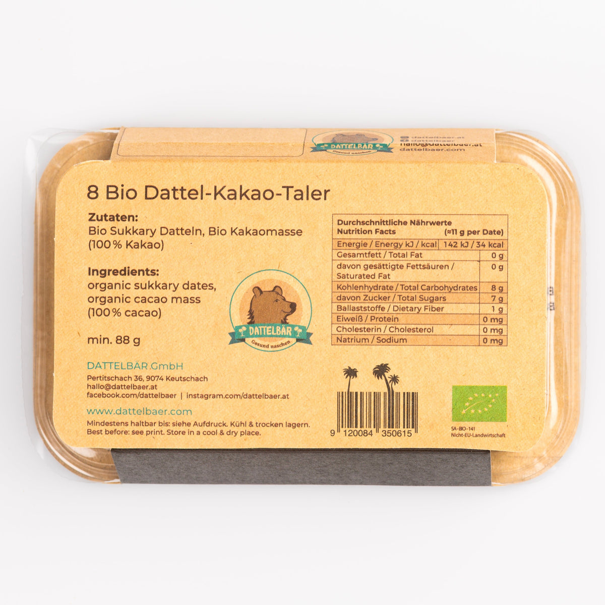 Dattel - Kakao - Taler BIO – gepresste Sukkari Dattel mit 100% Kakao - DATTELBÄR - DB_240006 - DATTELBAER